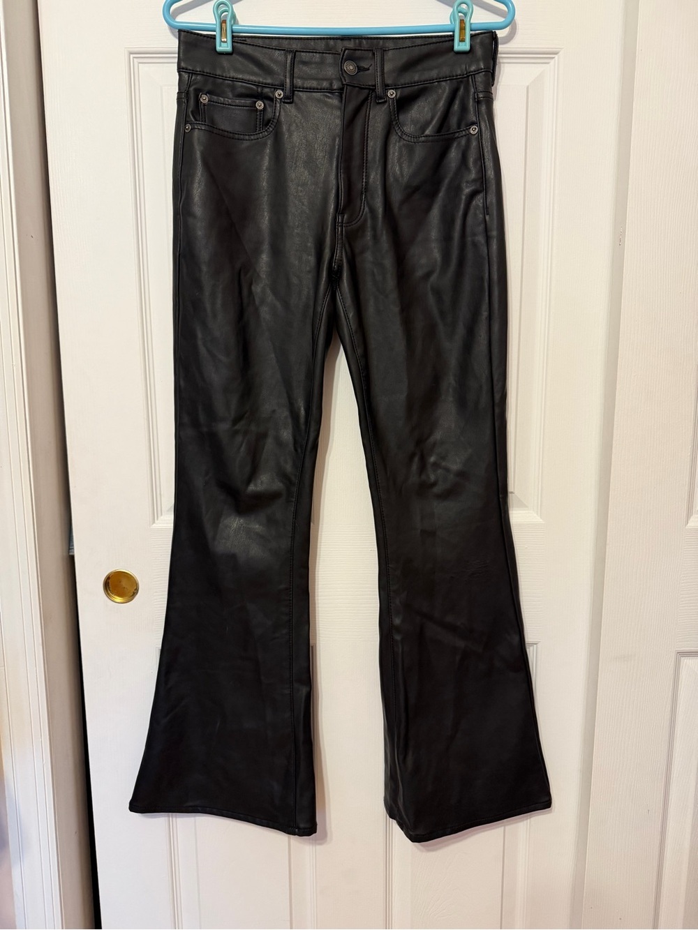 American Eagle Black Faux Leather Flare Pants - Size 6 Regular Stretch